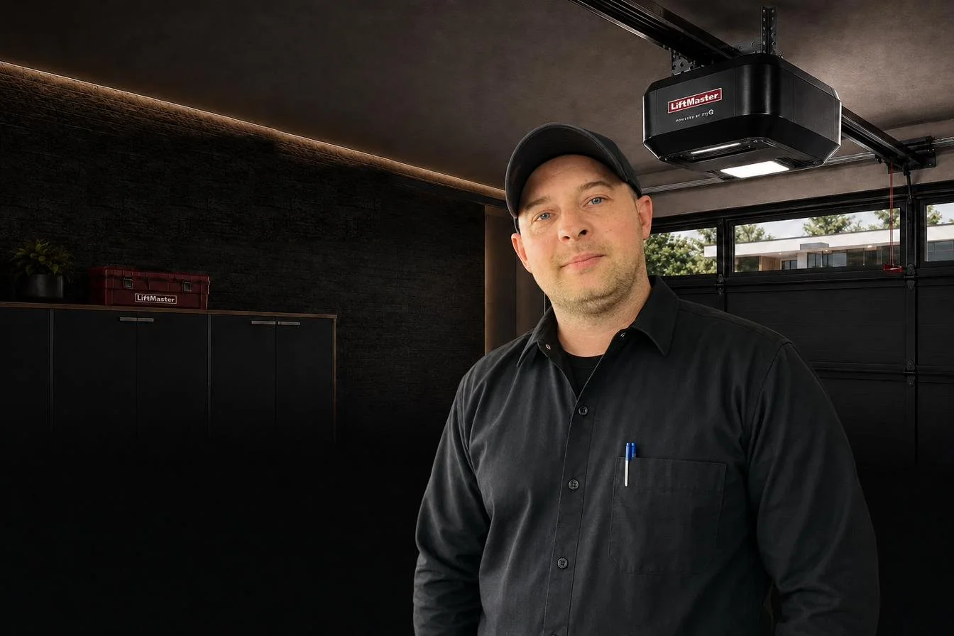 Andrei Zinchenko, LiftMaster specialist, in a garage under a LiftMaster opener
