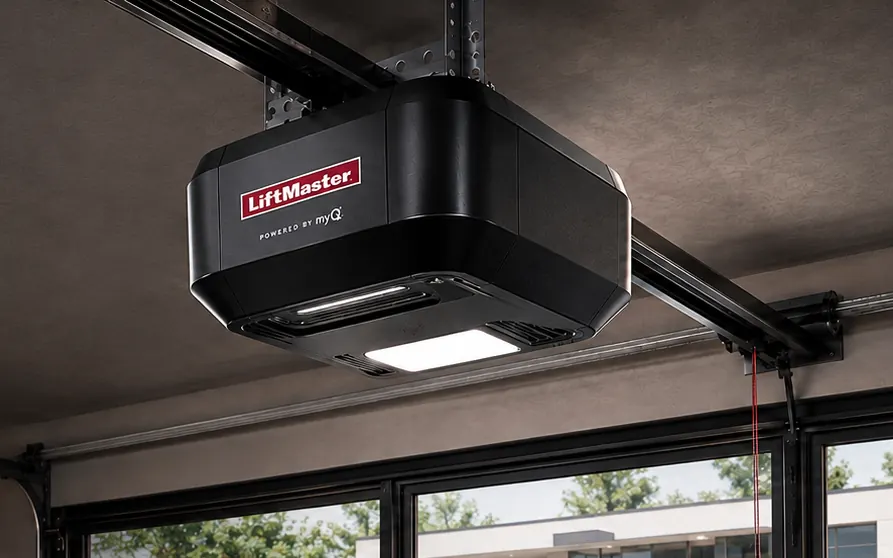 LiftMaster opener with built-in LED lighting over a sectional garage door